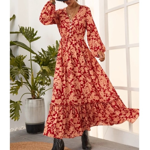 Boho gypsy  floral print button down ruffle hem maxi dress - Picture 2 of 6